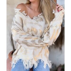 Amoli Womens Animal Print Ribbed Hemline Distressed Sweater Ivory Gold Med/Lg